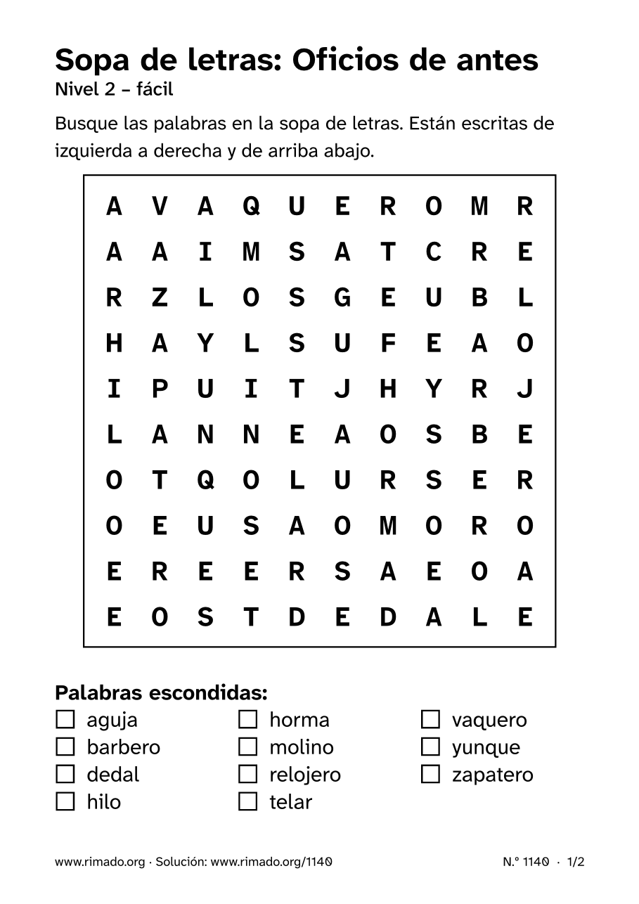 Vista previa de la hoja impresa: Sopa de letras «Oficios de antes», n.º 1140