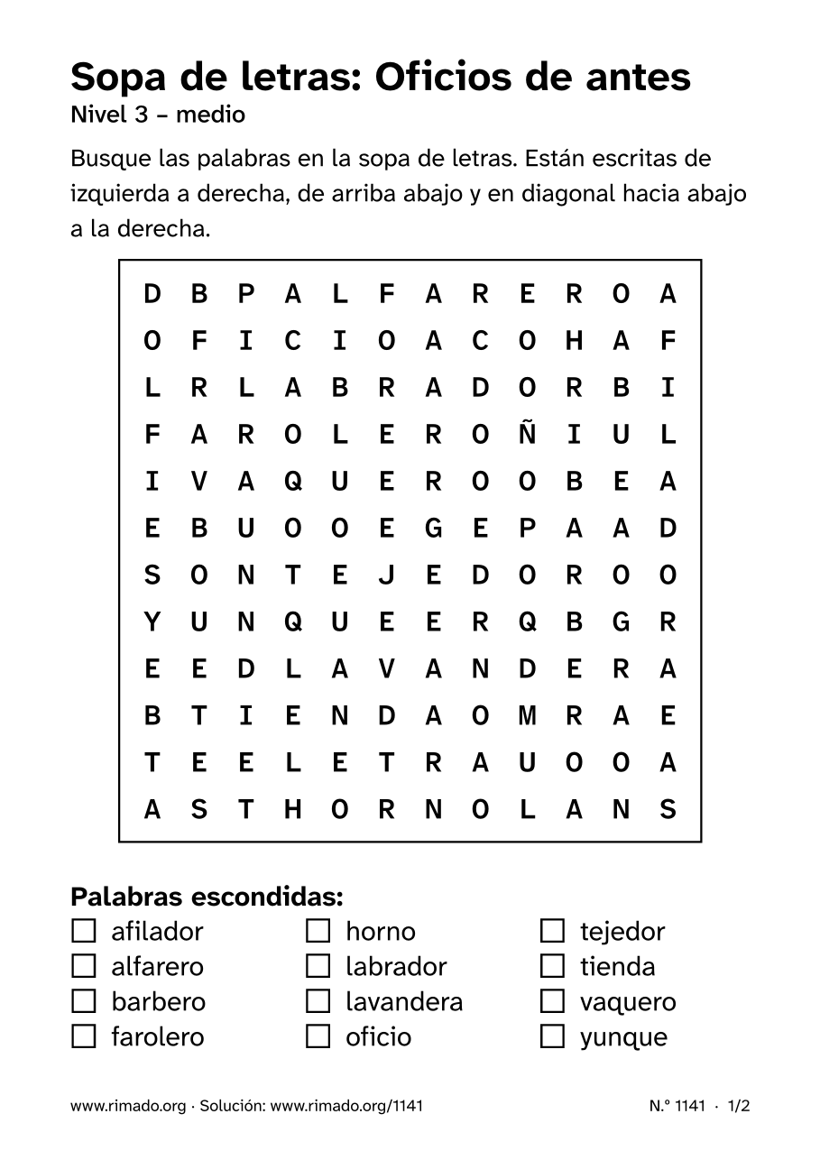 Vista previa de la hoja impresa: Sopa de letras «Oficios de antes», n.º 1141