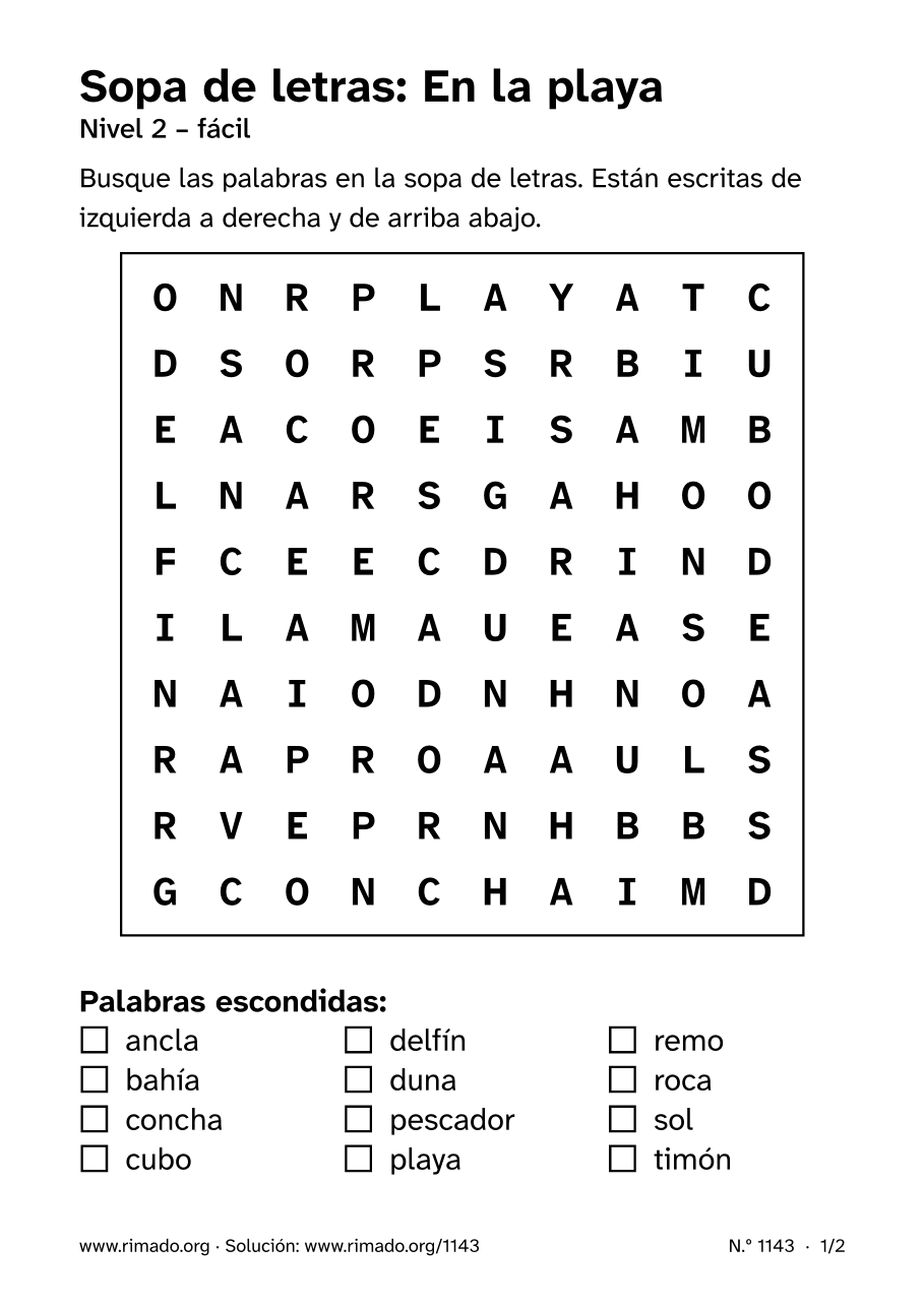 Vista previa de la hoja impresa: Sopa de letras «En la playa», n.º 1143
