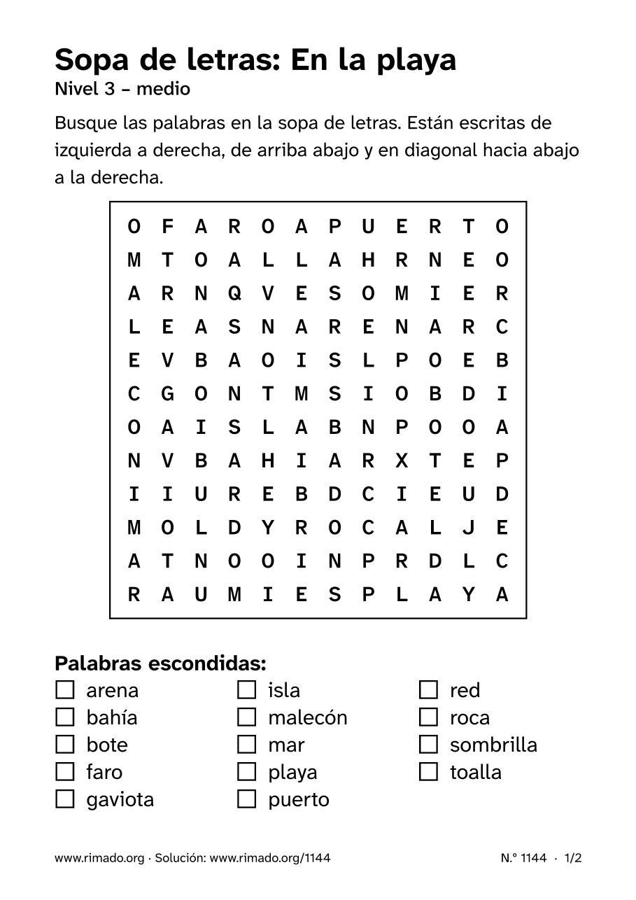 Vista previa de la hoja impresa: Sopa de letras «En la playa», n.º 1144