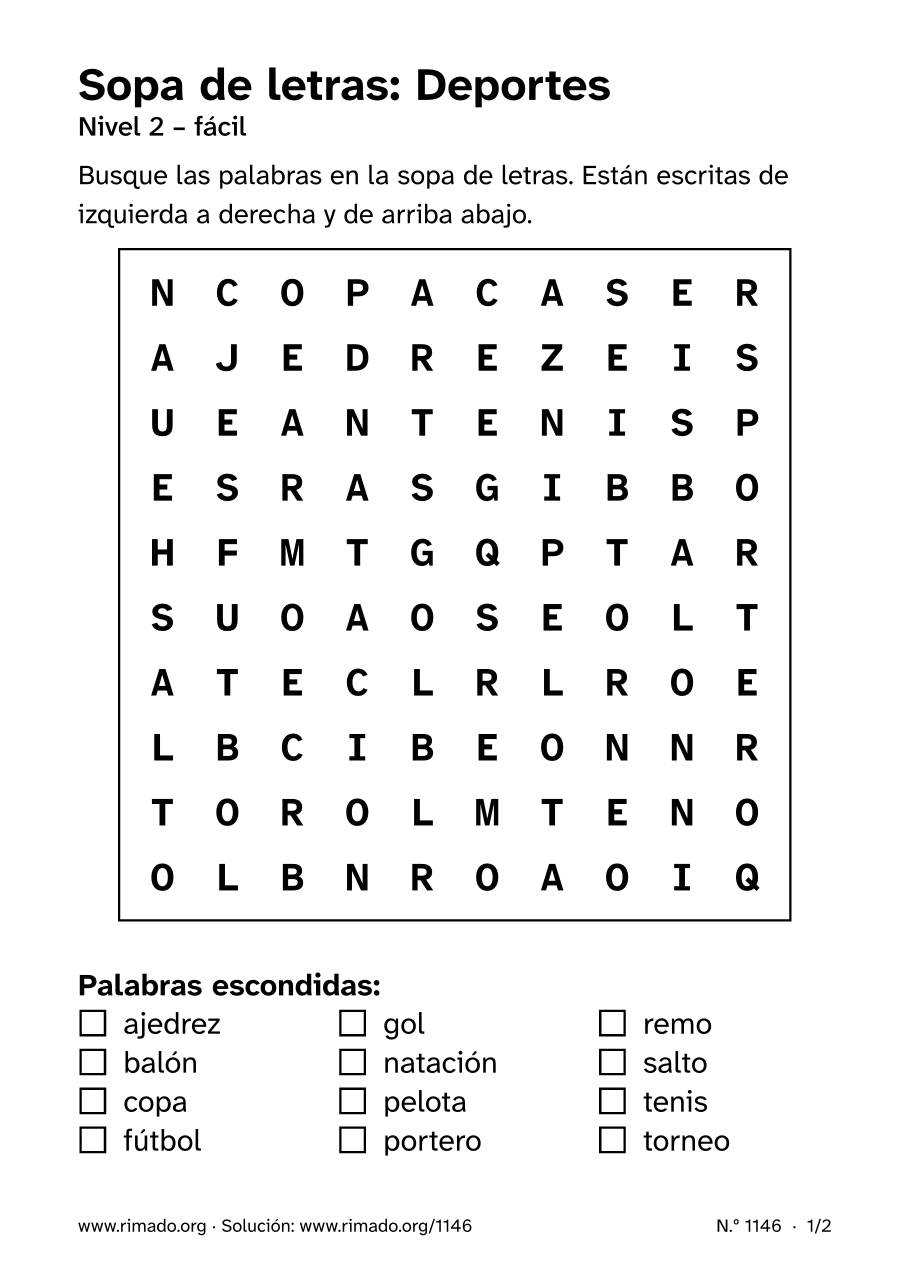 Vista previa de la hoja impresa: Sopa de letras «Deportes», n.º 1146