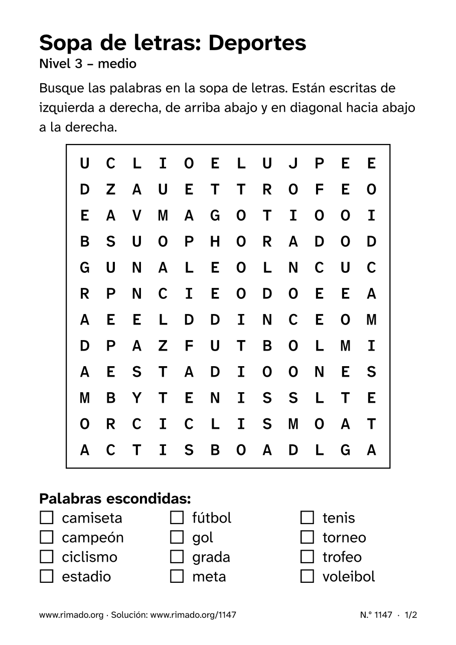 Vista previa de la hoja impresa: Sopa de letras «Deportes», n.º 1147
