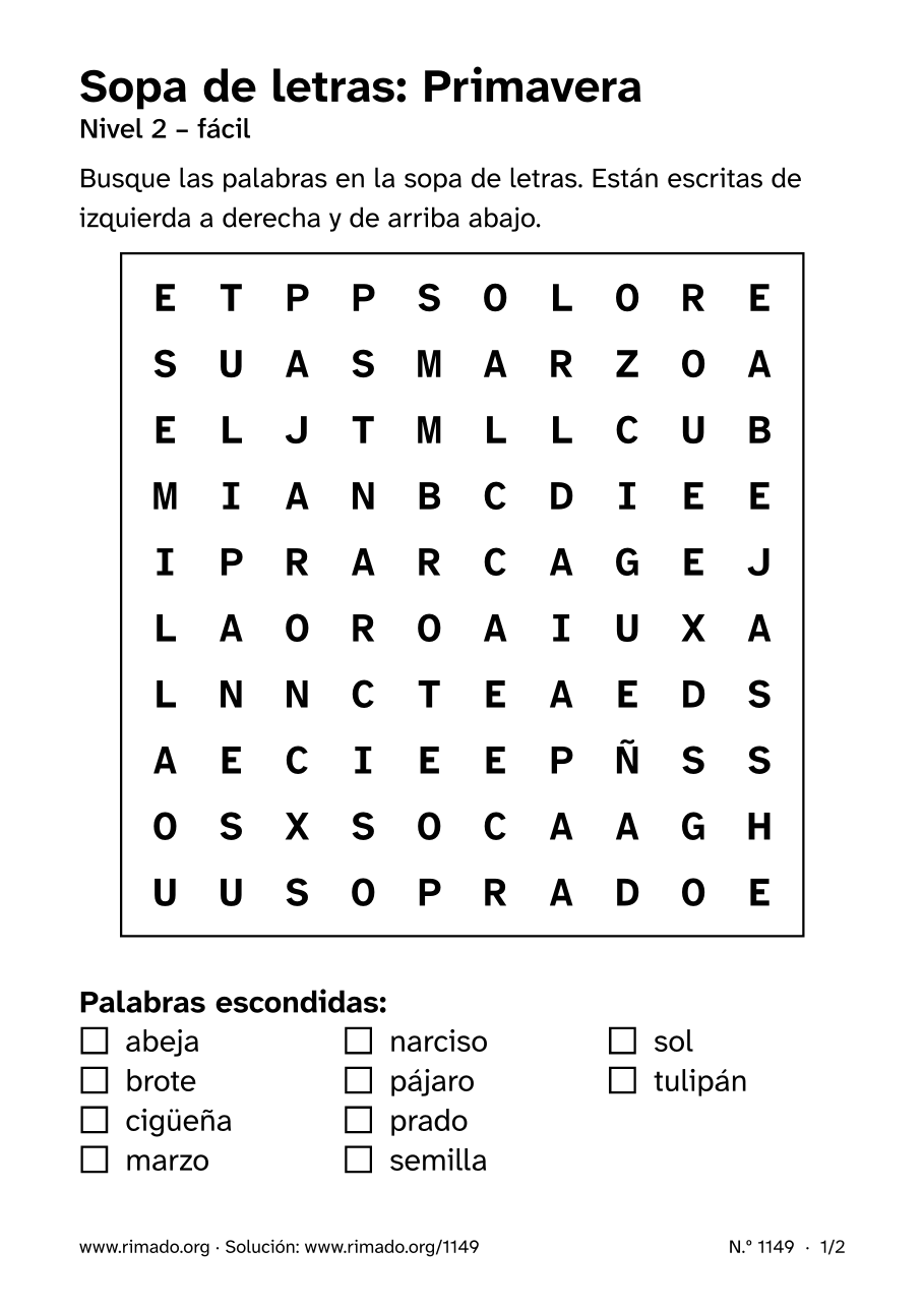 Vista previa de la hoja impresa: Sopa de letras «Primavera», n.º 1149