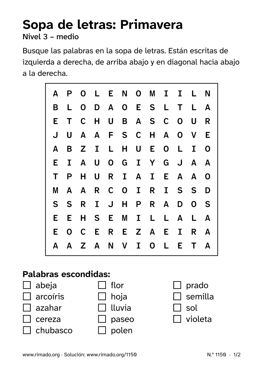 Vista previa de la hoja impresa: Sopa de letras «Primavera», n.º 1150