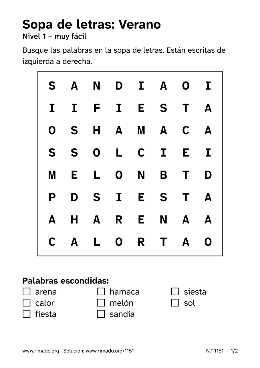 Vista previa de la hoja impresa: Sopa de letras «Verano», n.º 1151