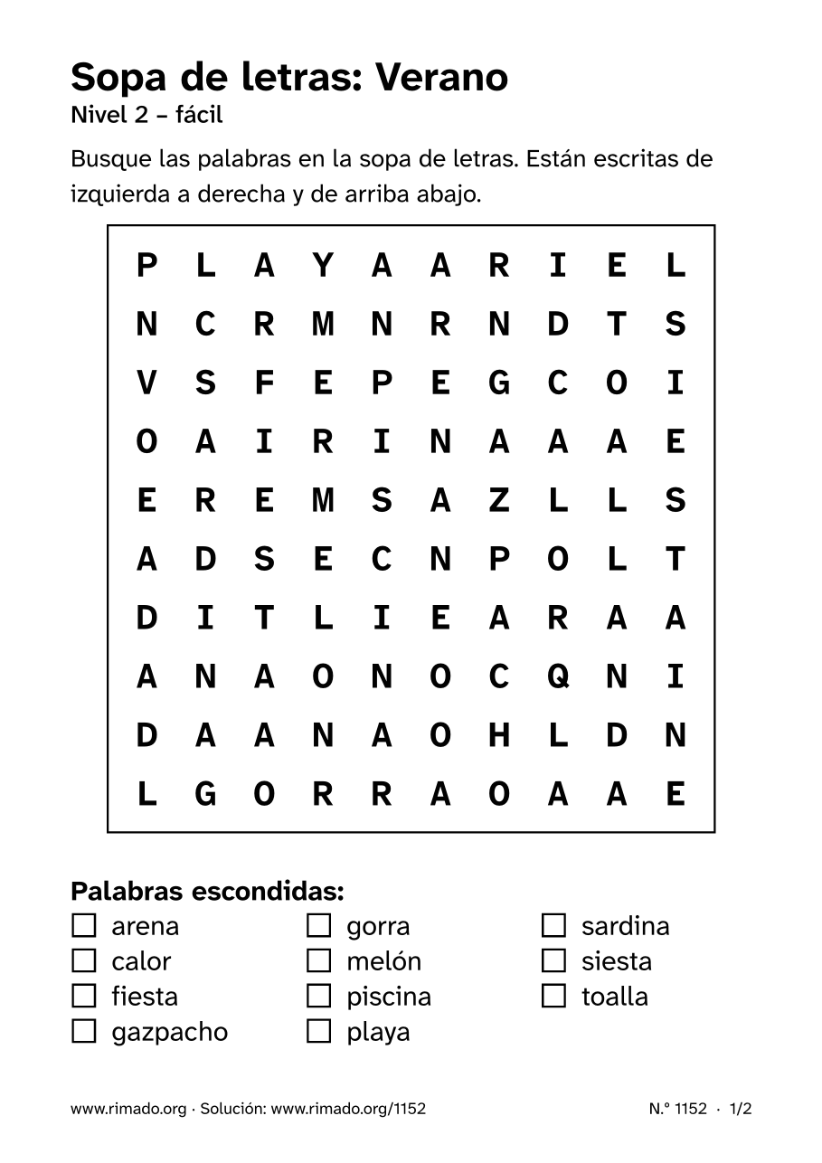 Vista previa de la hoja impresa: Sopa de letras «Verano», n.º 1152