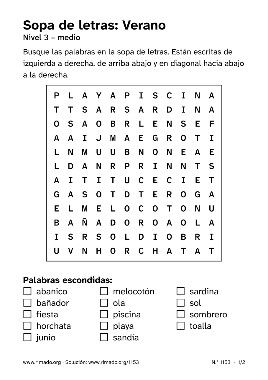 Vista previa de la hoja impresa: Sopa de letras «Verano», n.º 1153