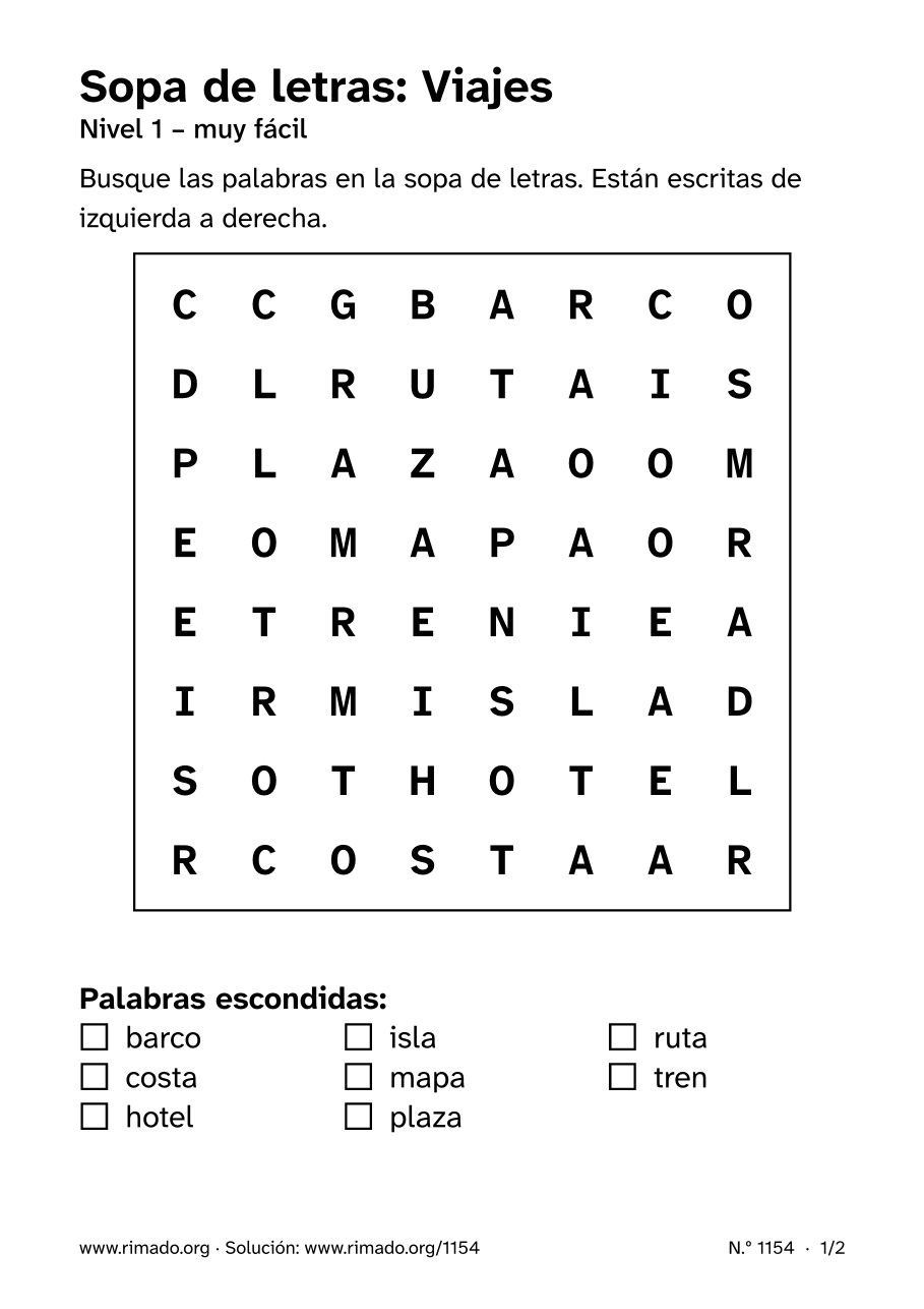 Vista previa de la hoja impresa: Sopa de letras «Viajes», n.º 1154