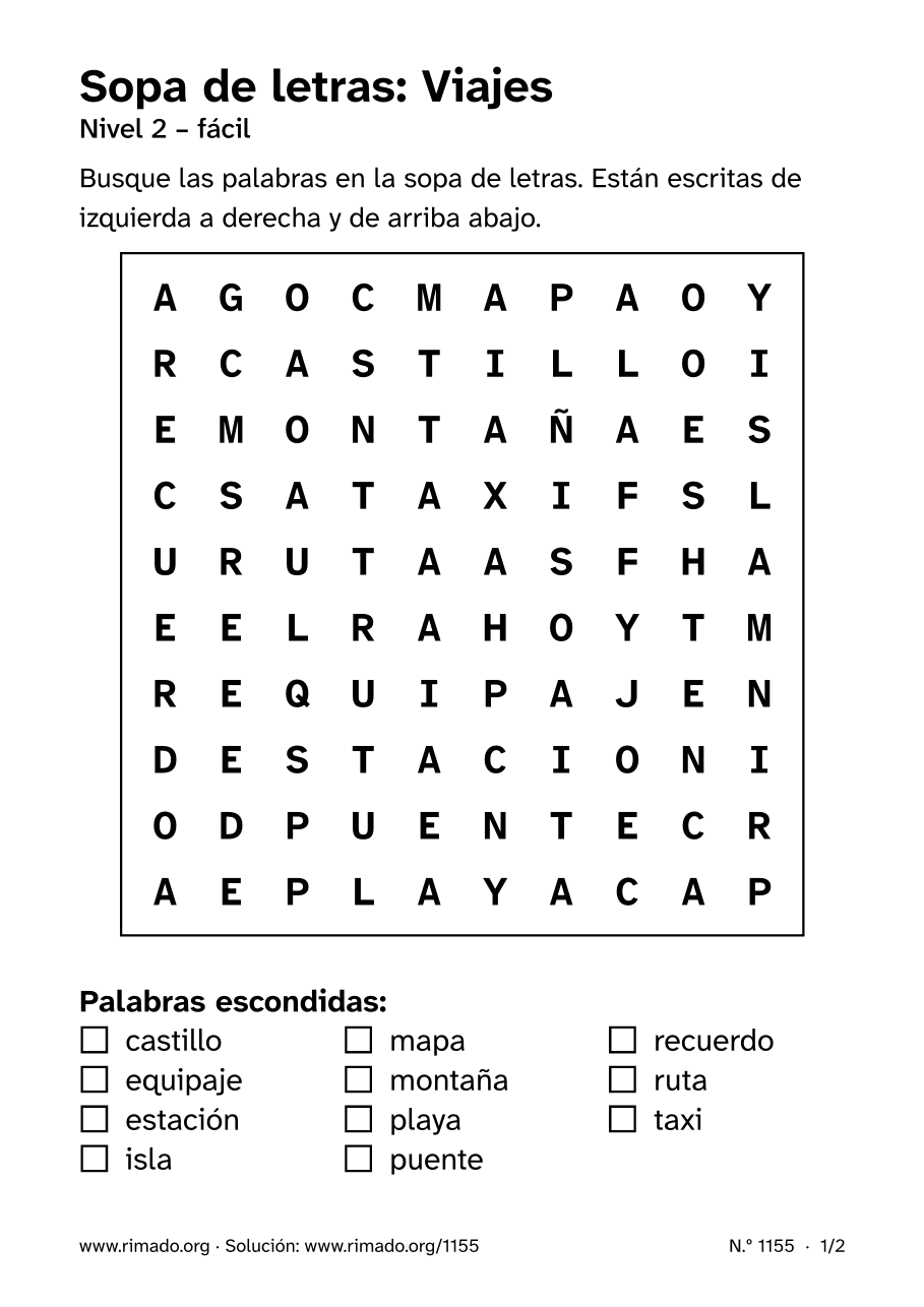 Vista previa de la hoja impresa: Sopa de letras «Viajes», n.º 1155