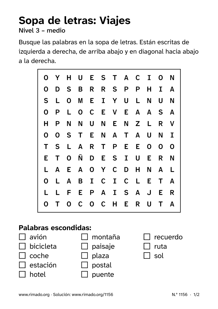 Vista previa de la hoja impresa: Sopa de letras «Viajes», n.º 1156