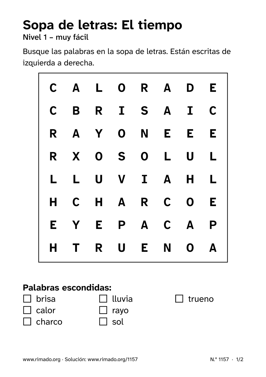 Vista previa de la hoja impresa: Sopa de letras «El tiempo», n.º 1157