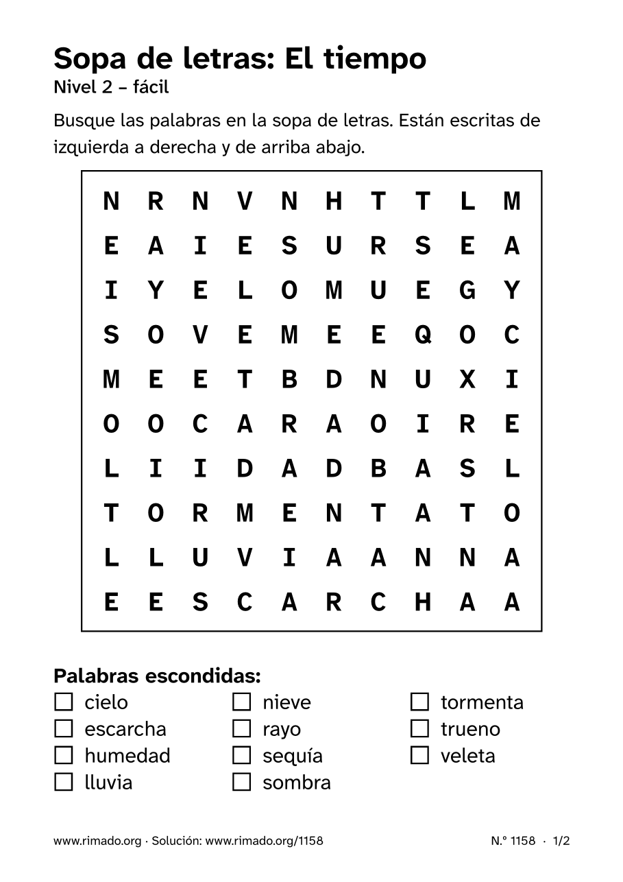 Vista previa de la hoja impresa: Sopa de letras «El tiempo», n.º 1158