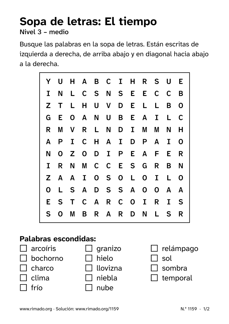 Vista previa de la hoja impresa: Sopa de letras «El tiempo», n.º 1159