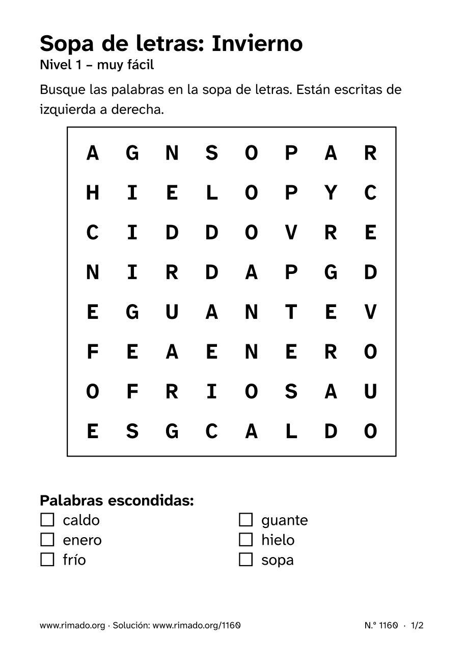 Vista previa de la hoja impresa: Sopa de letras «Invierno», n.º 1160
