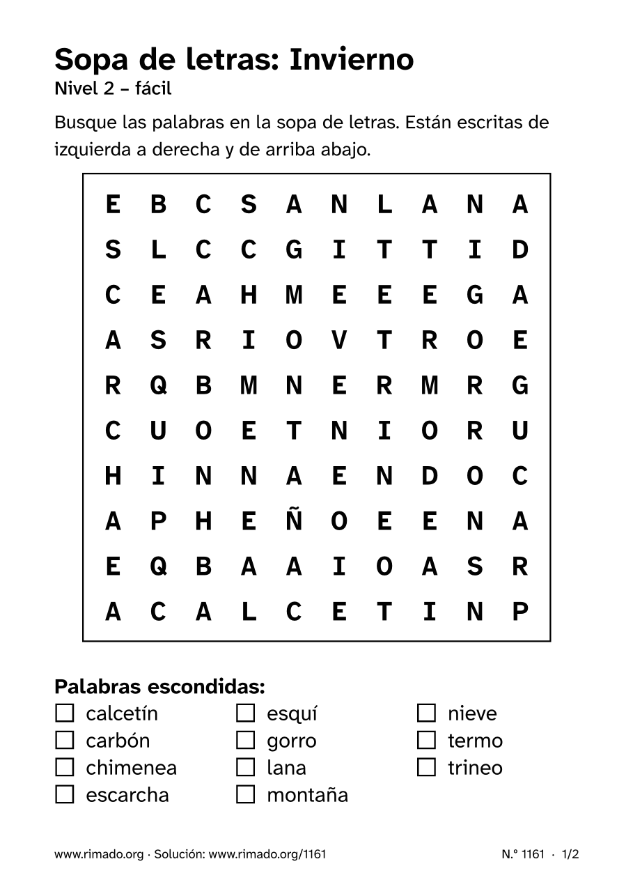 Vista previa de la hoja impresa: Sopa de letras «Invierno», n.º 1161