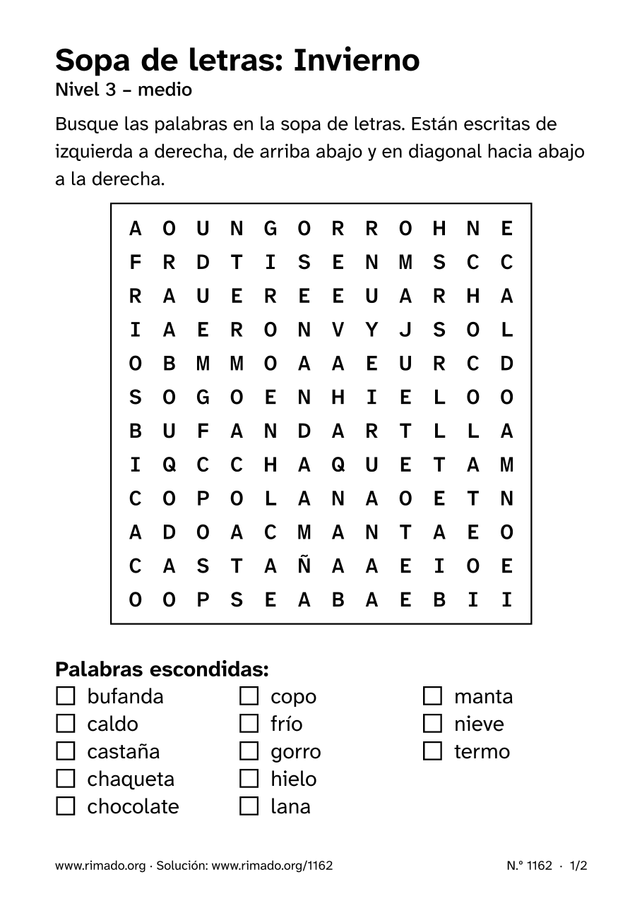Vista previa de la hoja impresa: Sopa de letras «Invierno», n.º 1162