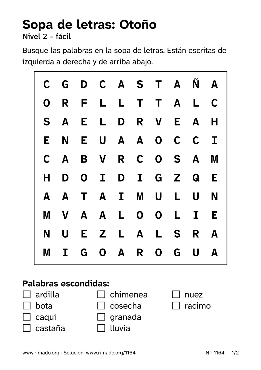 Vista previa de la hoja impresa: Sopa de letras «Otoño», n.º 1164