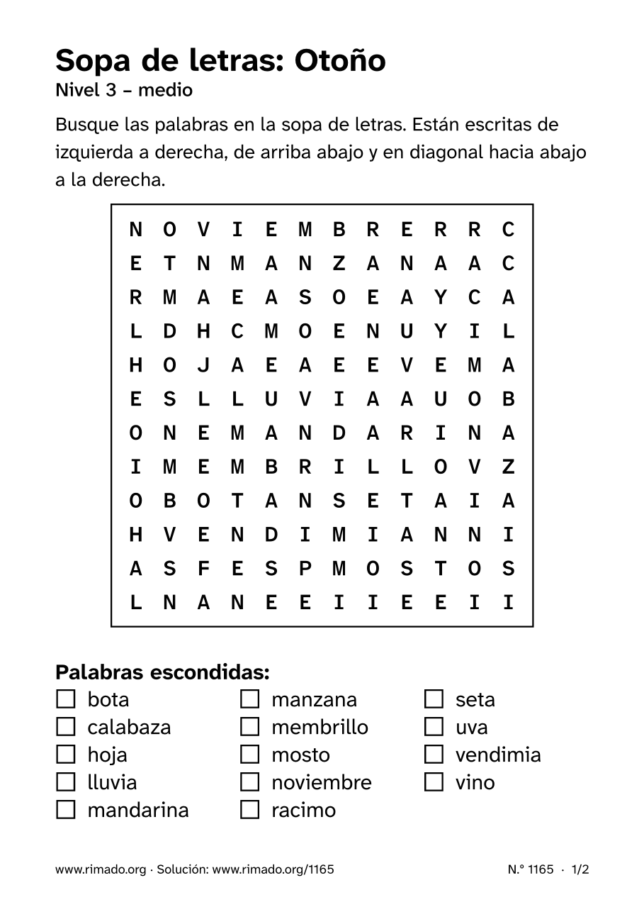 Vista previa de la hoja impresa: Sopa de letras «Otoño», n.º 1165
