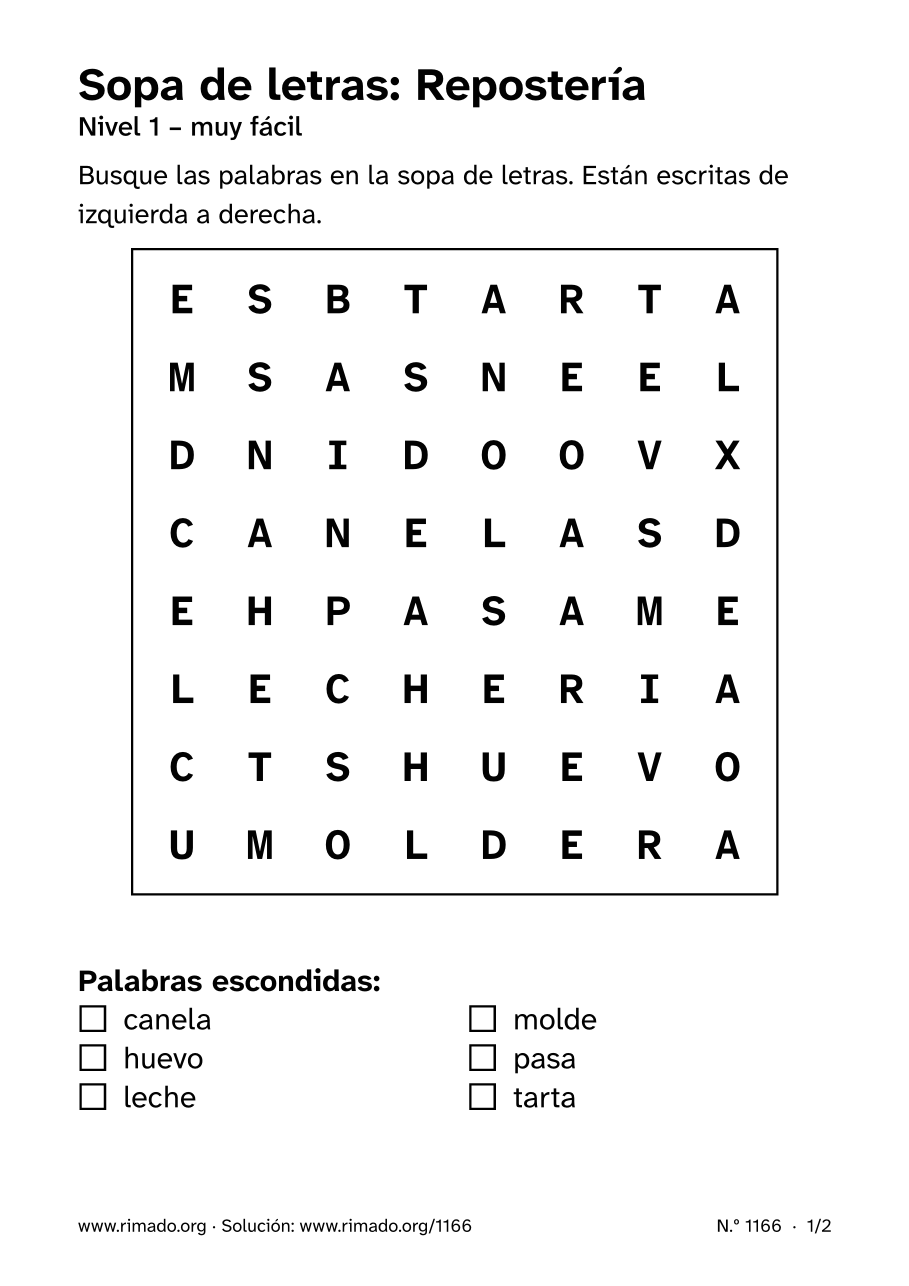 Vista previa de la hoja impresa: Sopa de letras «Repostería», n.º 1166
