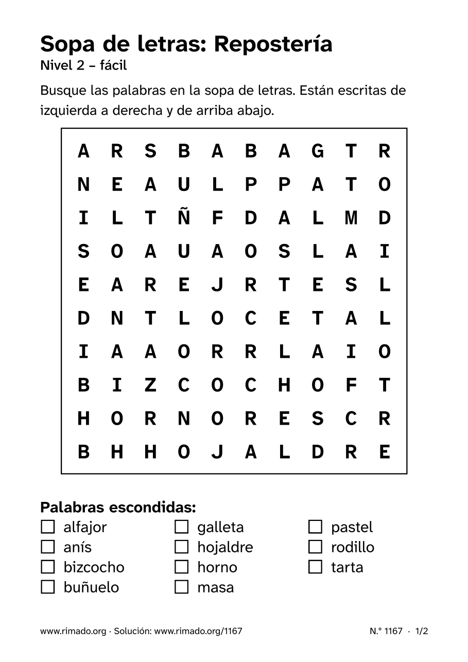Vista previa de la hoja impresa: Sopa de letras «Repostería», n.º 1167
