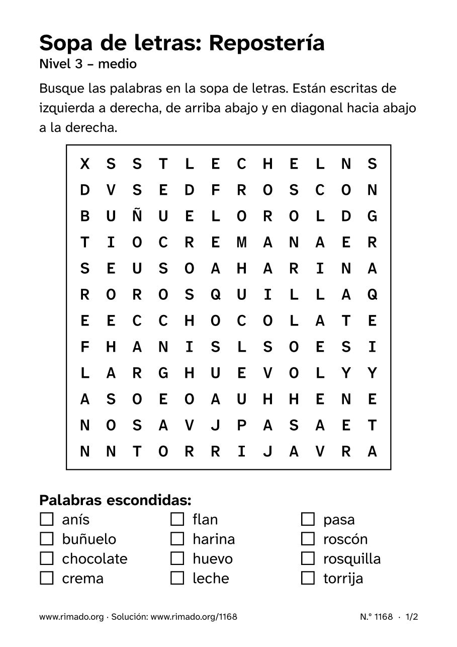 Vista previa de la hoja impresa: Sopa de letras «Repostería», n.º 1168