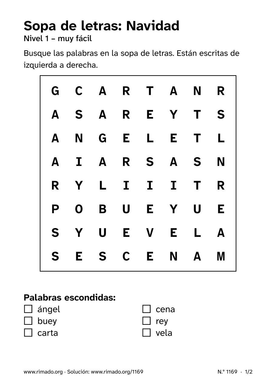 Vista previa de la hoja impresa: Sopa de letras «Navidad», n.º 1169