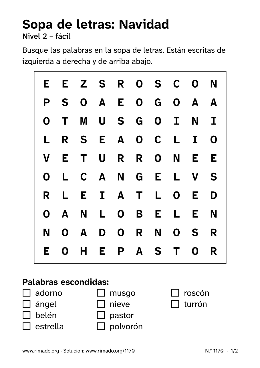 Vista previa de la hoja impresa: Sopa de letras «Navidad», n.º 1170