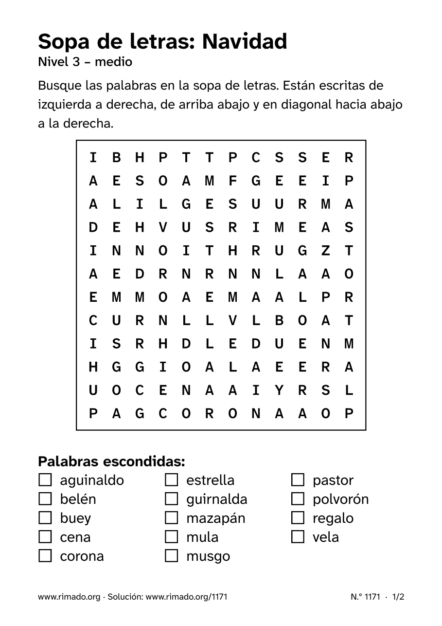 Vista previa de la hoja impresa: Sopa de letras «Navidad», n.º 1171
