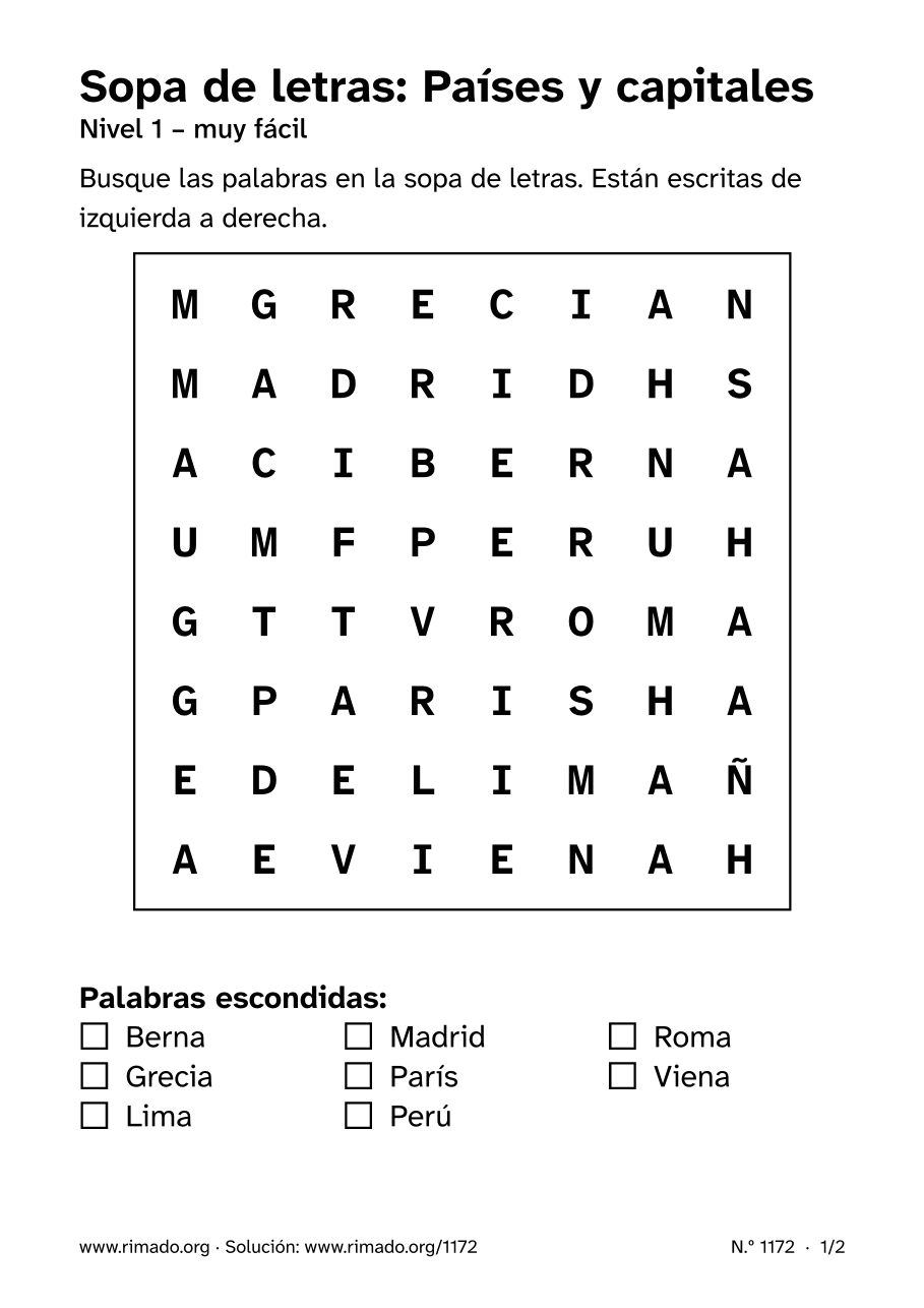 Vista previa de la hoja impresa: Sopa de letras «Países y capitales», n.º 1172