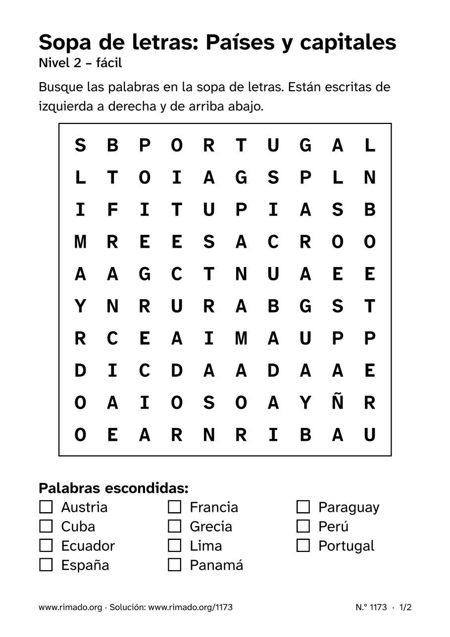 Vista previa de la hoja impresa: Sopa de letras «Países y capitales», n.º 1173