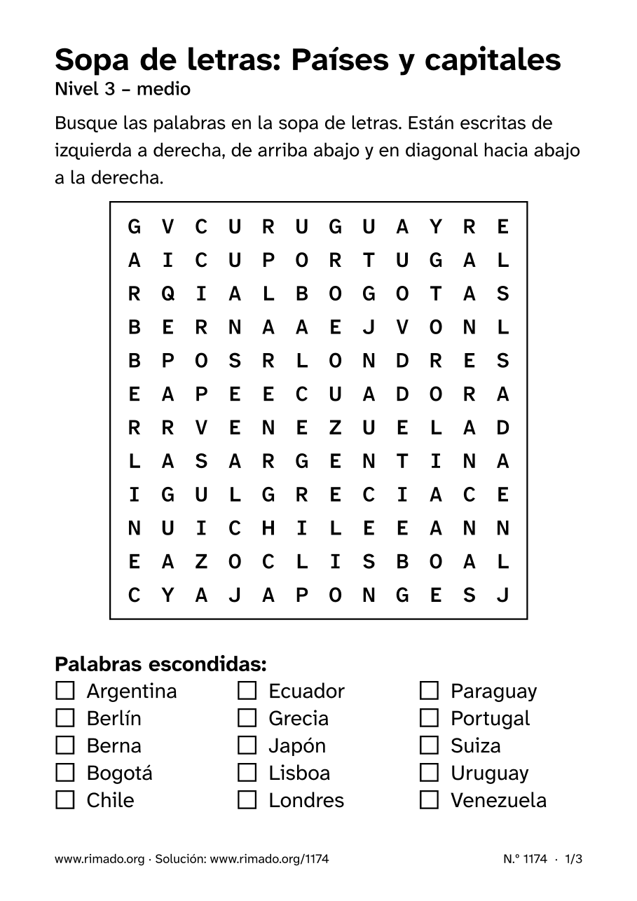 Vista previa de la hoja impresa: Sopa de letras «Países y capitales», n.º 1174