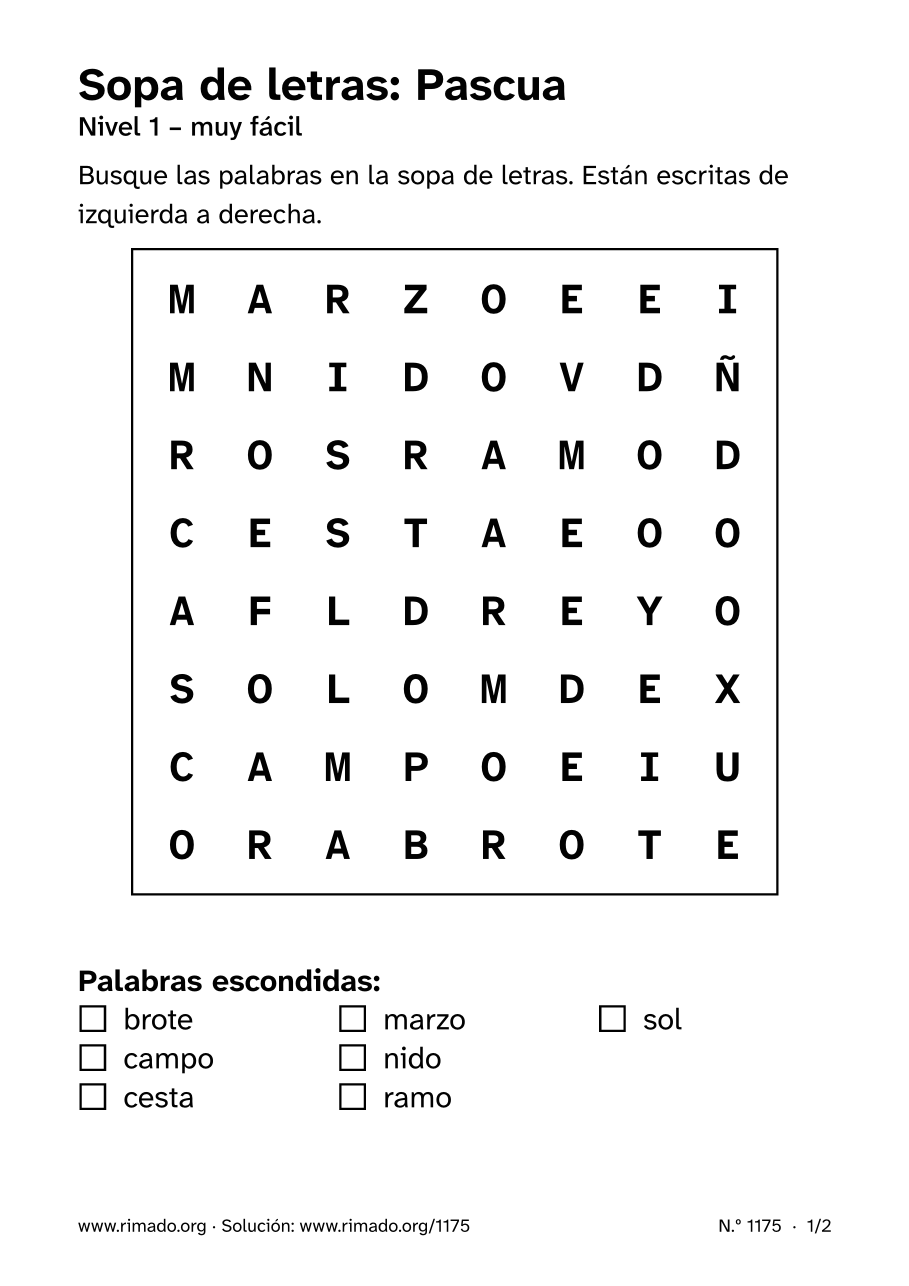 Vista previa de la hoja impresa: Sopa de letras «Pascua», n.º 1175