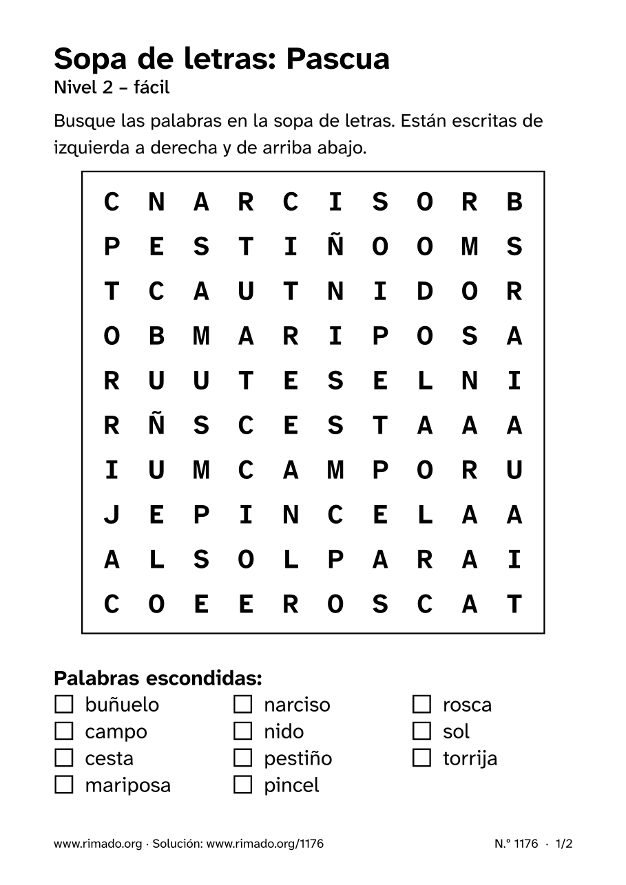 Vista previa de la hoja impresa: Sopa de letras «Pascua», n.º 1176