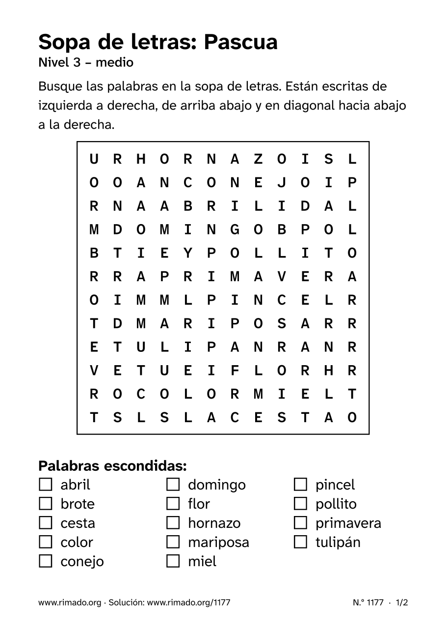 Vista previa de la hoja impresa: Sopa de letras «Pascua», n.º 1177