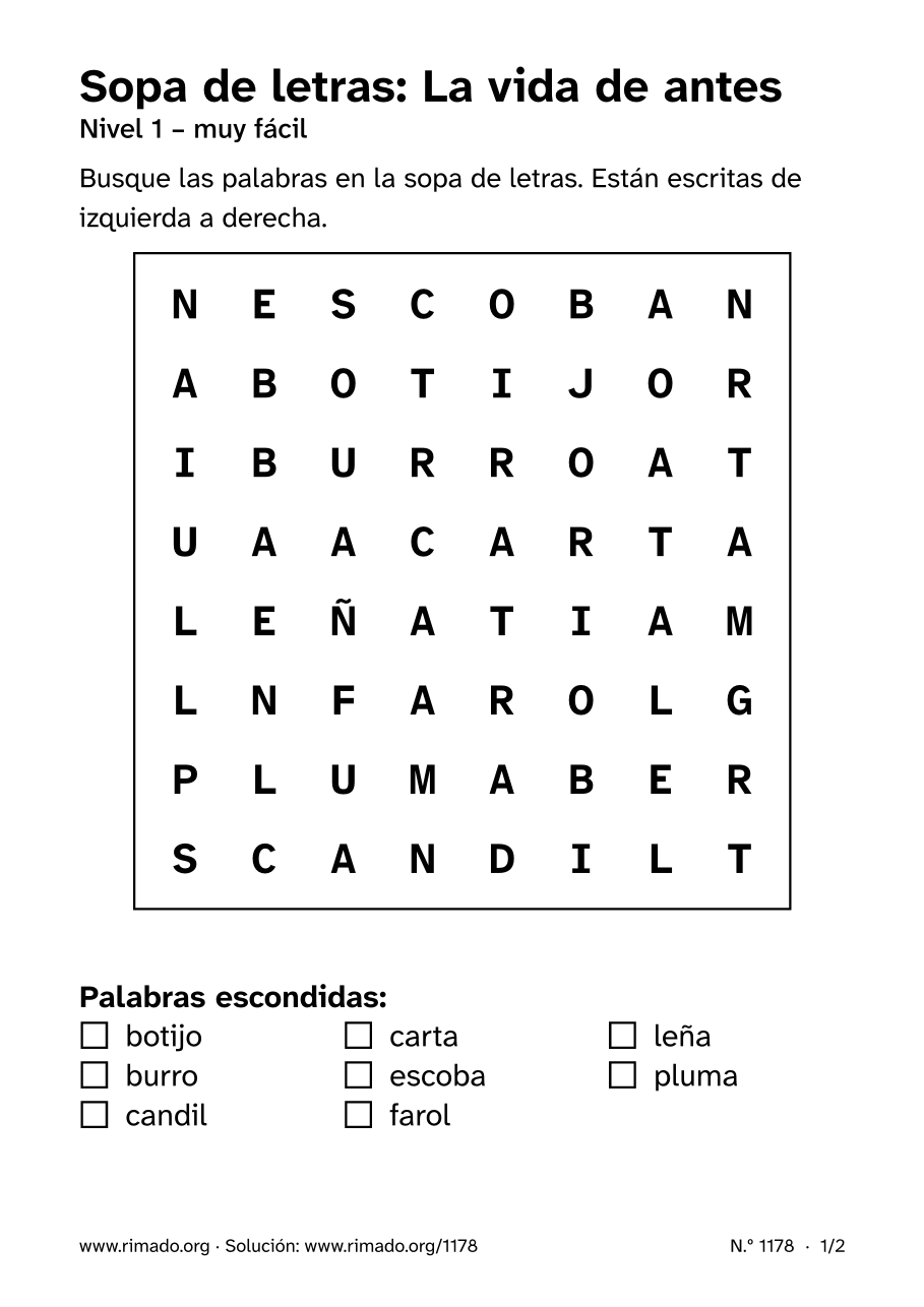 Vista previa de la hoja impresa: Sopa de letras «La vida de antes», n.º 1178