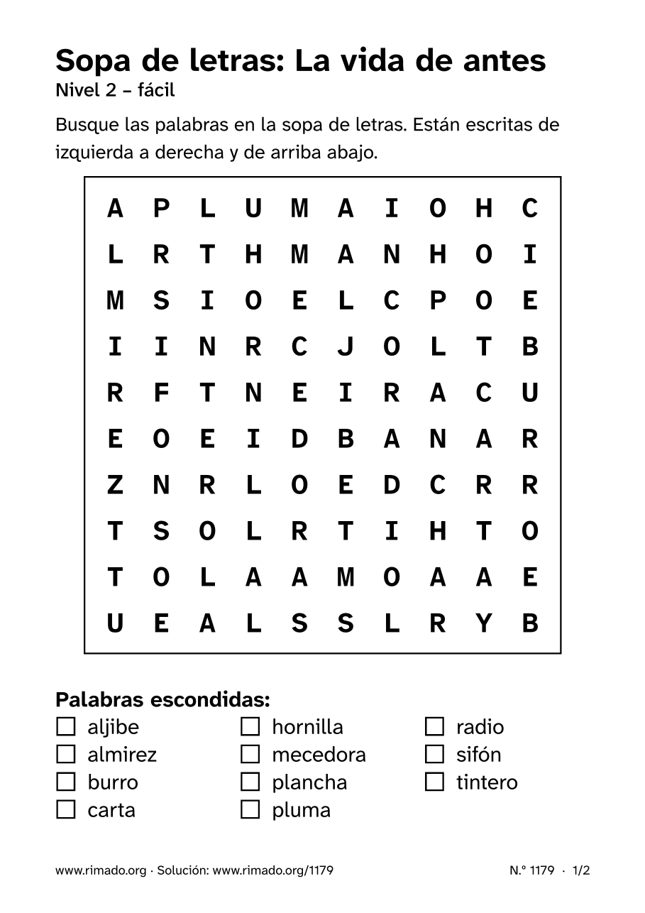 Vista previa de la hoja impresa: Sopa de letras «La vida de antes», n.º 1179