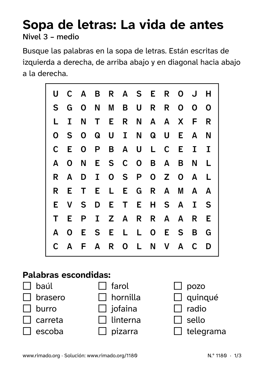 Vista previa de la hoja impresa: Sopa de letras «La vida de antes», n.º 1180