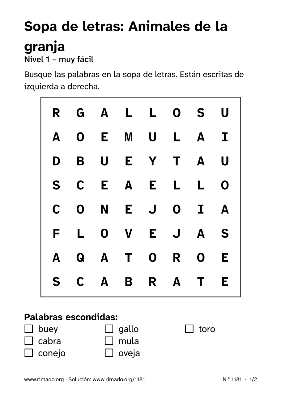 Vista previa de la hoja impresa: Sopa de letras «Animales de la granja», n.º 1181