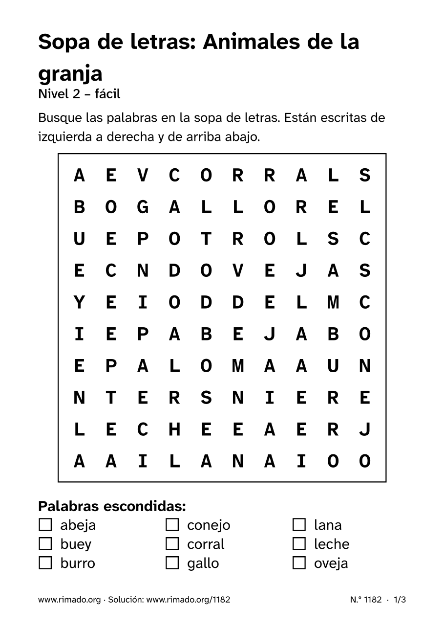 Vista previa de la hoja impresa: Sopa de letras «Animales de la granja», n.º 1182