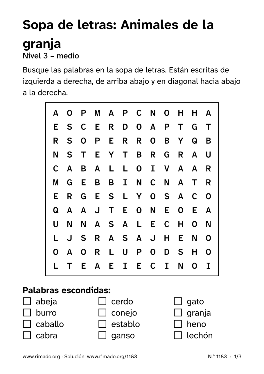 Vista previa de la hoja impresa: Sopa de letras «Animales de la granja», n.º 1183