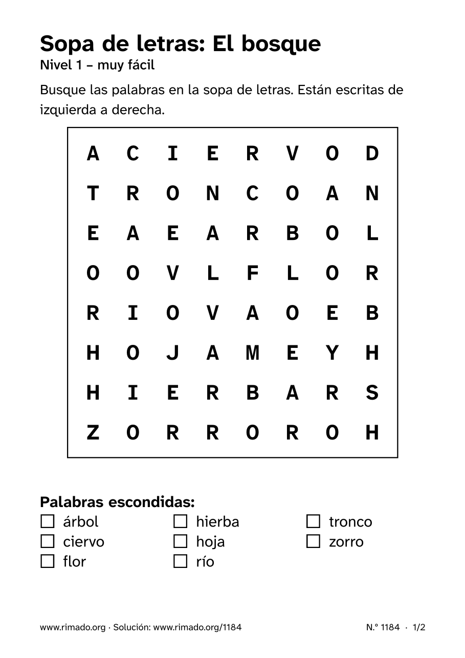 Vista previa de la hoja impresa: Sopa de letras «El bosque», n.º 1184