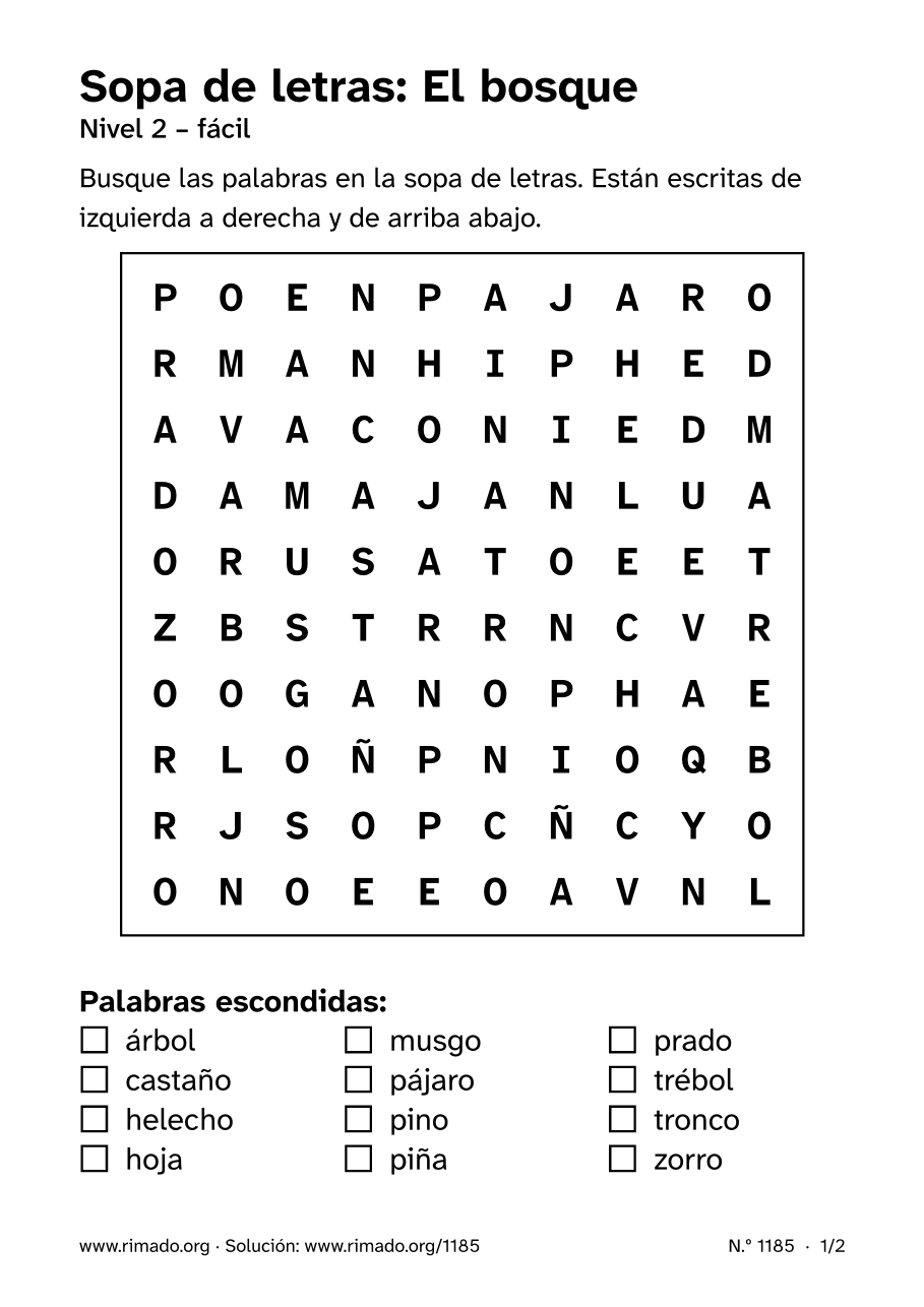 Vista previa de la hoja impresa: Sopa de letras «El bosque», n.º 1185