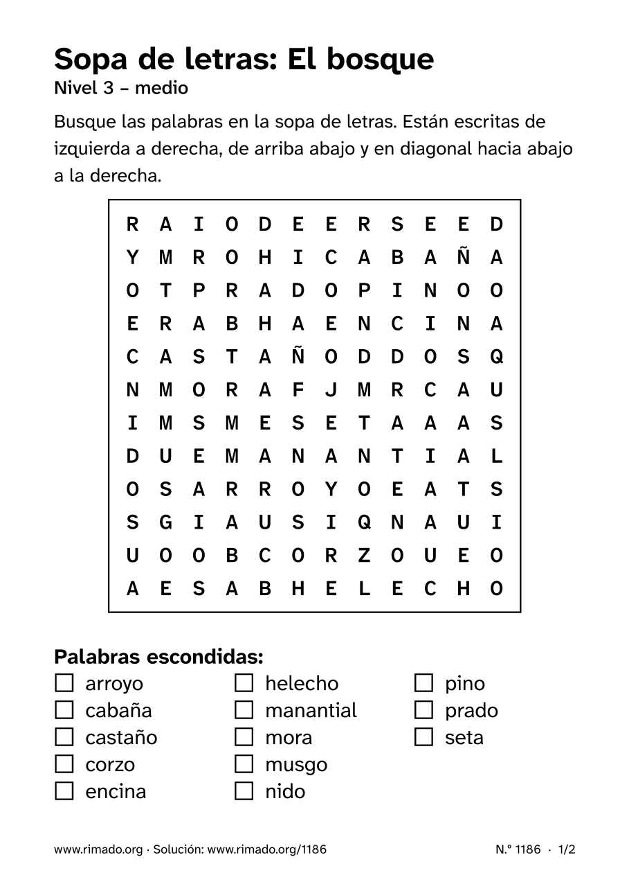 Vista previa de la hoja impresa: Sopa de letras «El bosque», n.º 1186