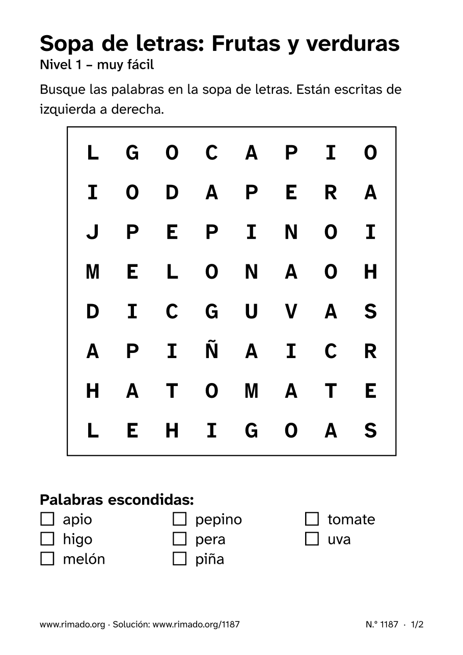 Vista previa de la hoja impresa: Sopa de letras «Frutas y verduras», n.º 1187