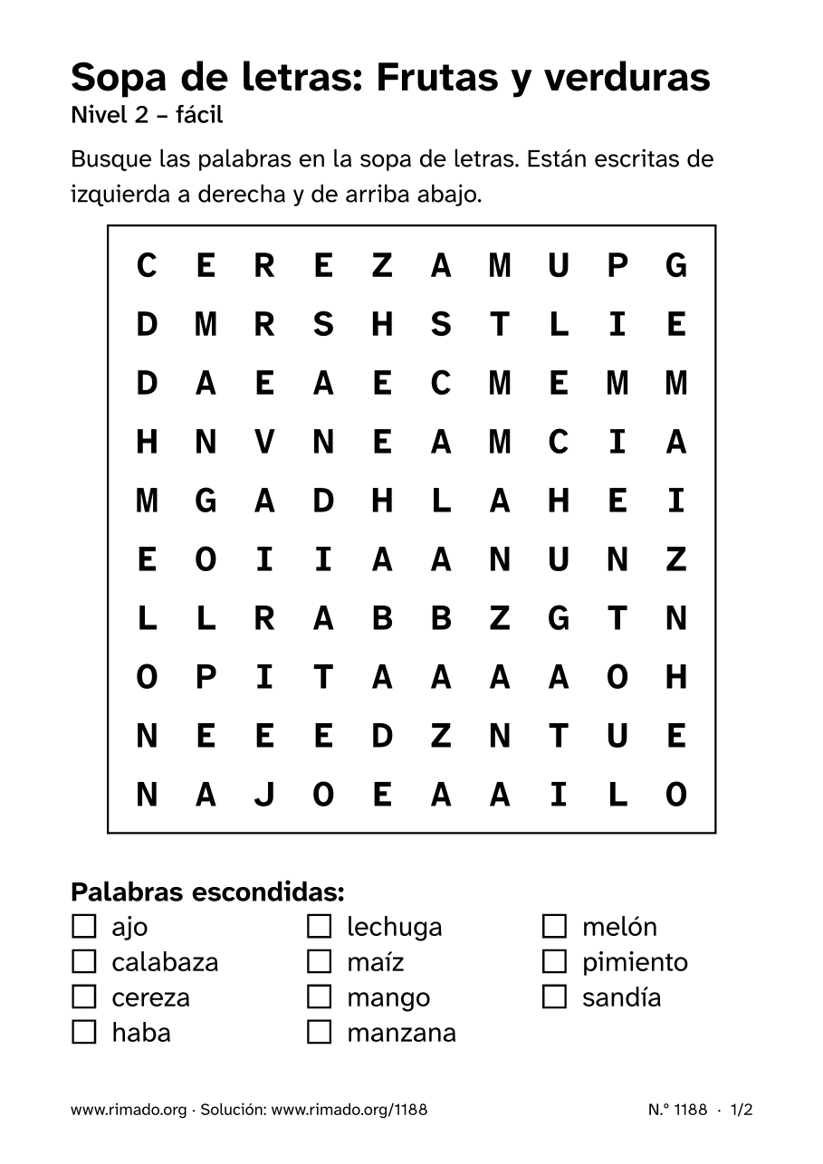 Vista previa de la hoja impresa: Sopa de letras «Frutas y verduras», n.º 1188
