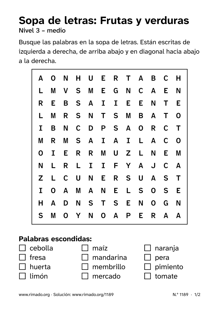 Vista previa de la hoja impresa: Sopa de letras «Frutas y verduras», n.º 1189
