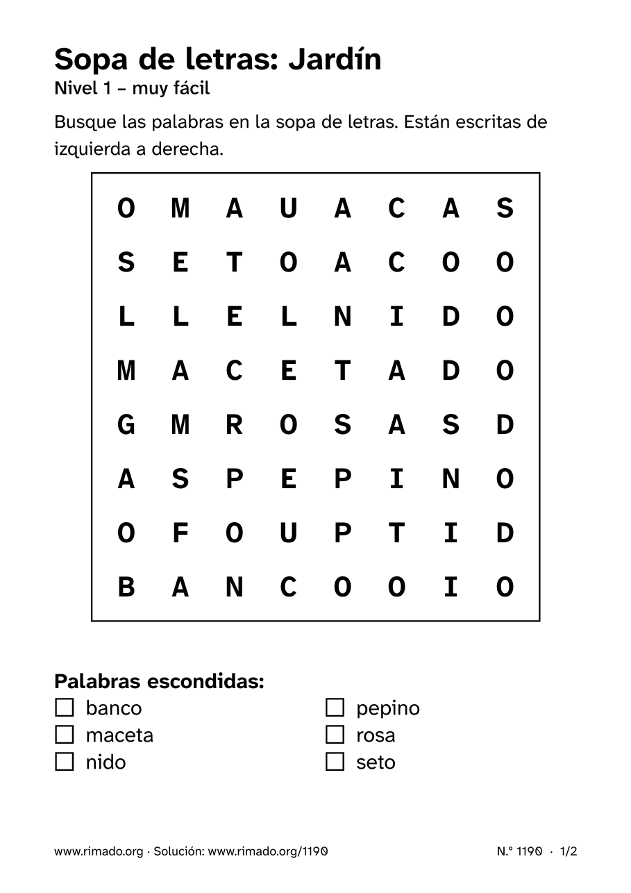 Vista previa de la hoja impresa: Sopa de letras «Jardín», n.º 1190