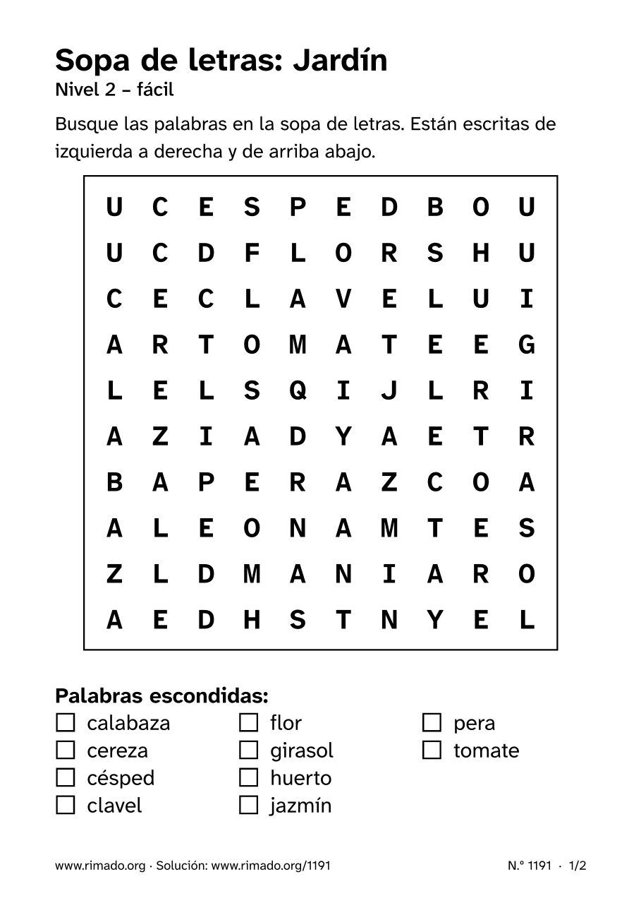 Vista previa de la hoja impresa: Sopa de letras «Jardín», n.º 1191
