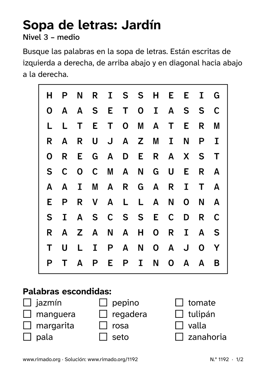 Vista previa de la hoja impresa: Sopa de letras «Jardín», n.º 1192