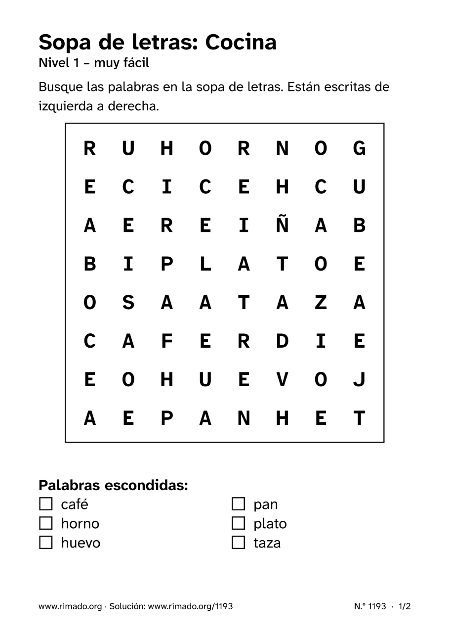 Vista previa de la hoja impresa: Sopa de letras «Cocina», n.º 1193